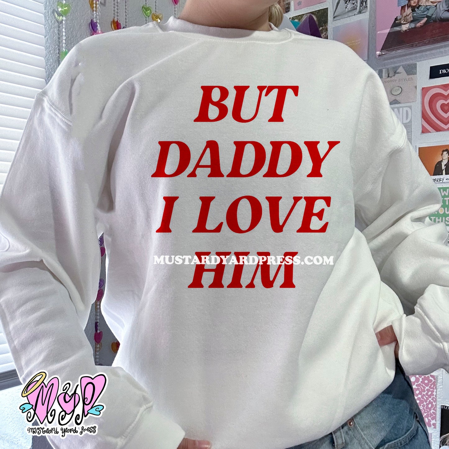 i love him! pink/white crewneck