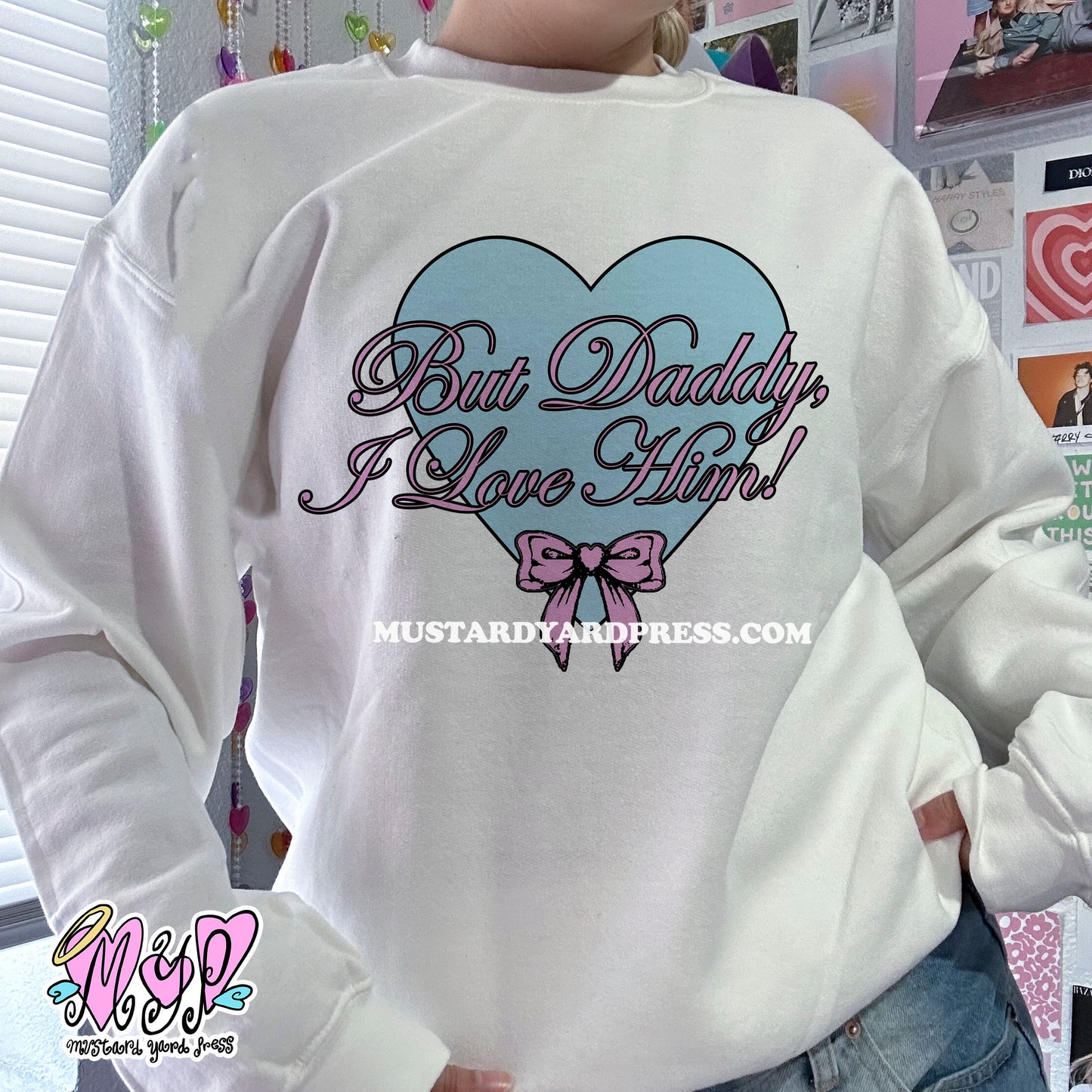 i love him! coquette pink/white crewneck