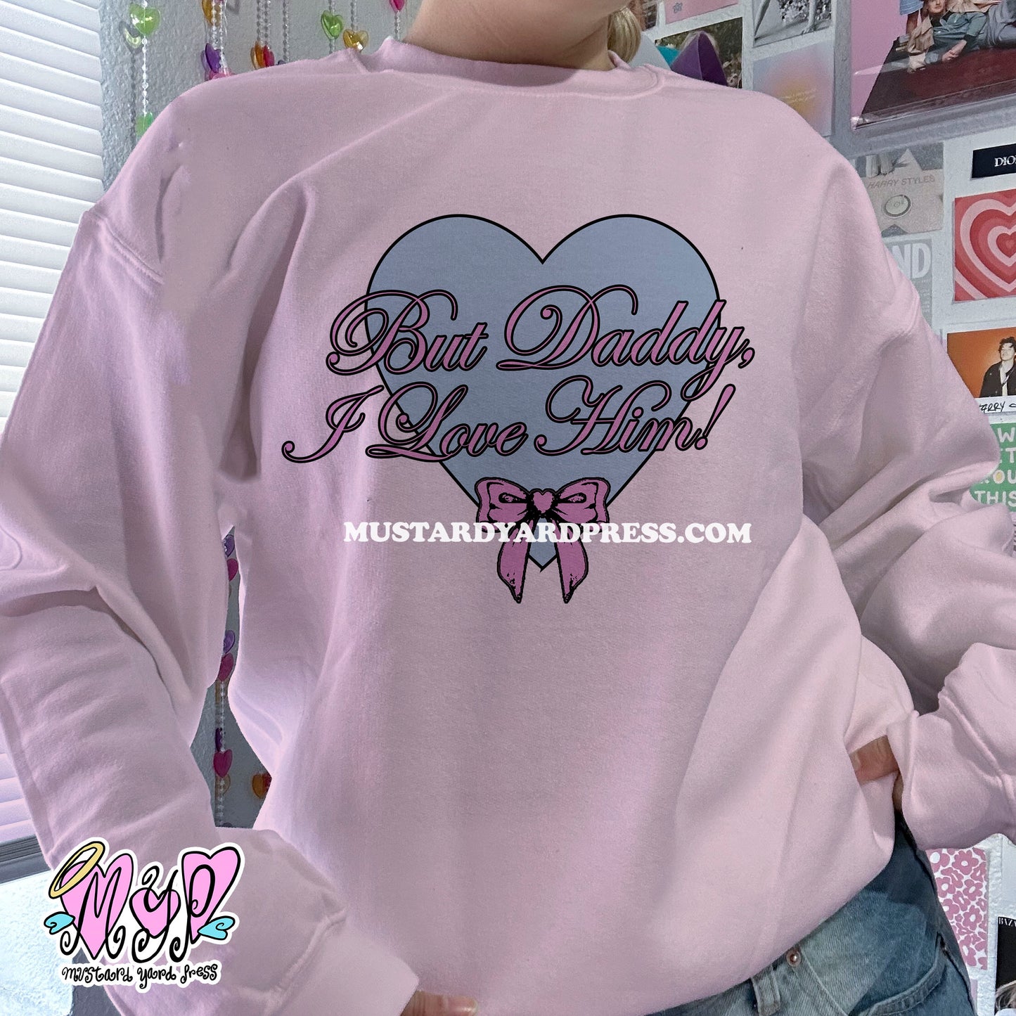 i love him! coquette pink/white crewneck
