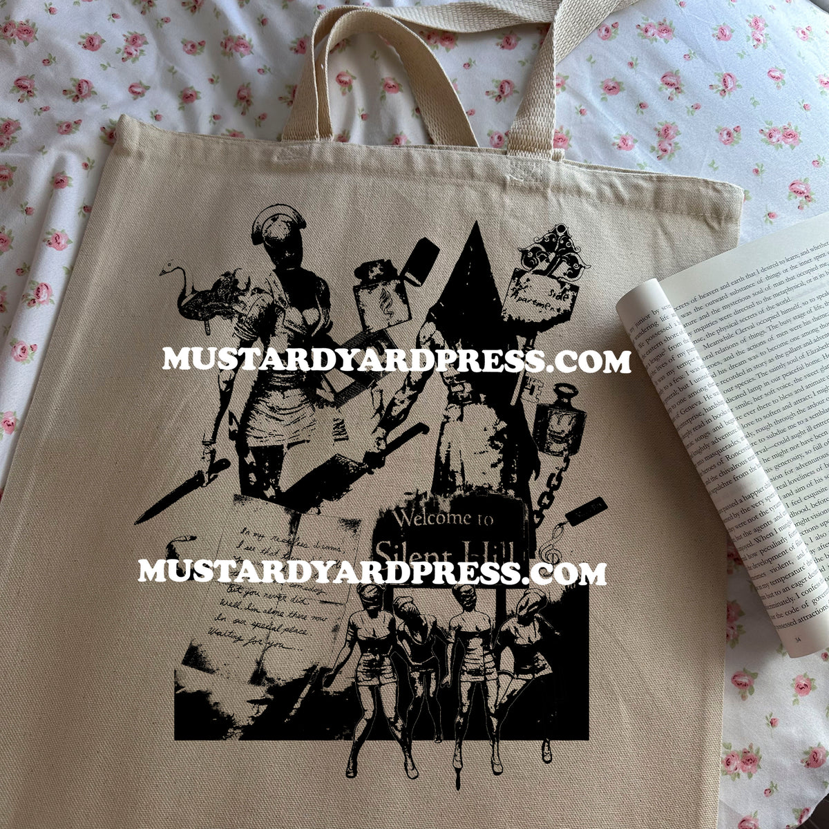 silent collage tote bag