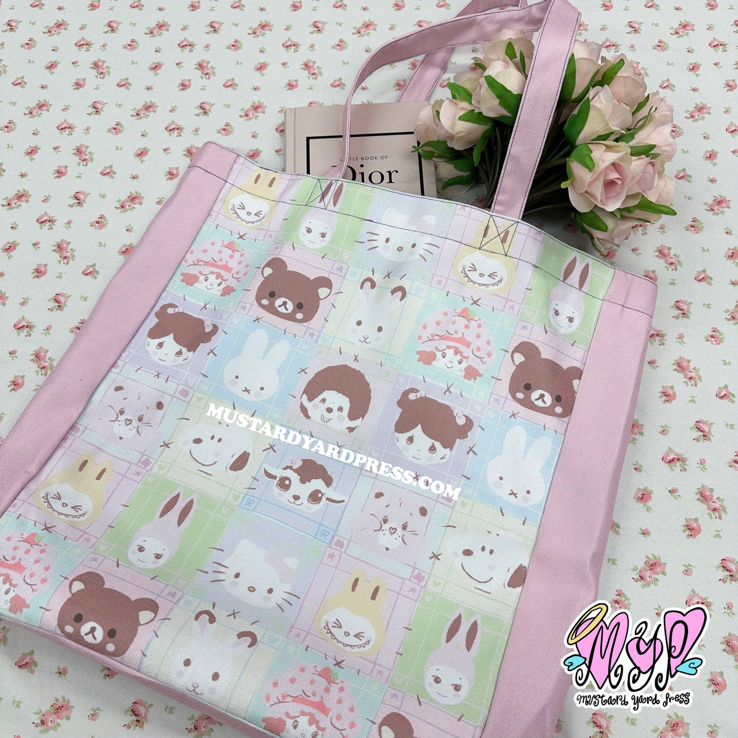 trinket patches all over print tote bag