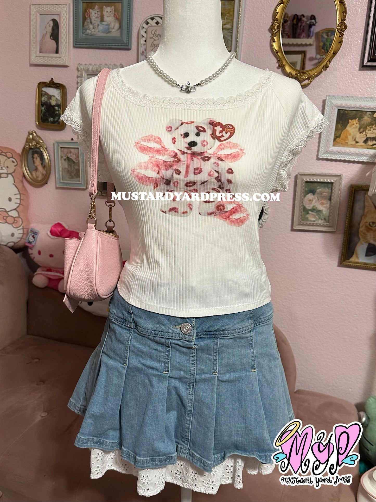 bear kisses ribbed lace baby tee