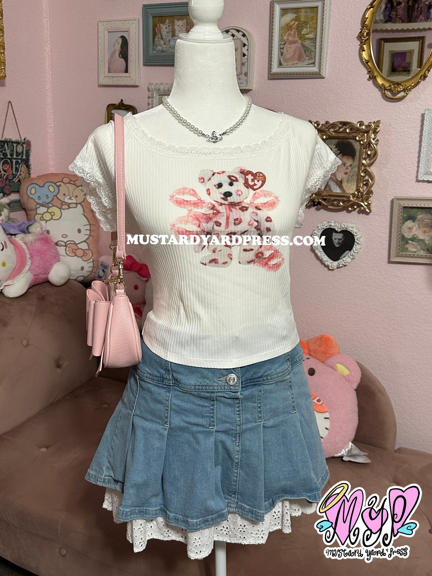 bear kisses ribbed lace baby tee