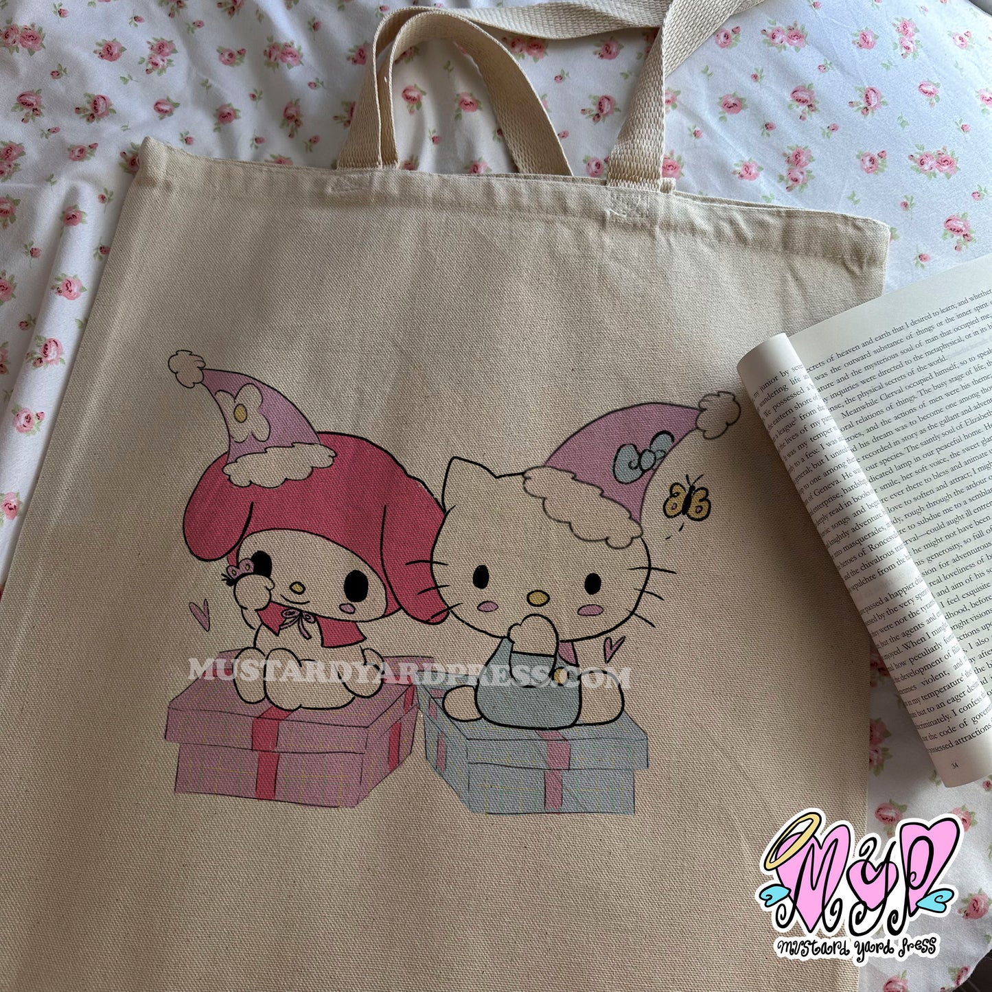 mel and kitty holiday tote bag