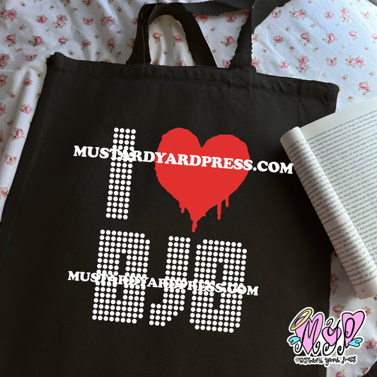 i love djo black tote bag