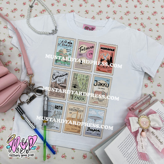 galaxy stamps baby tee