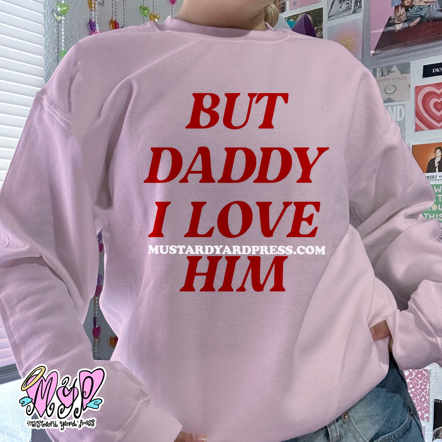 i love him! pink/white crewneck