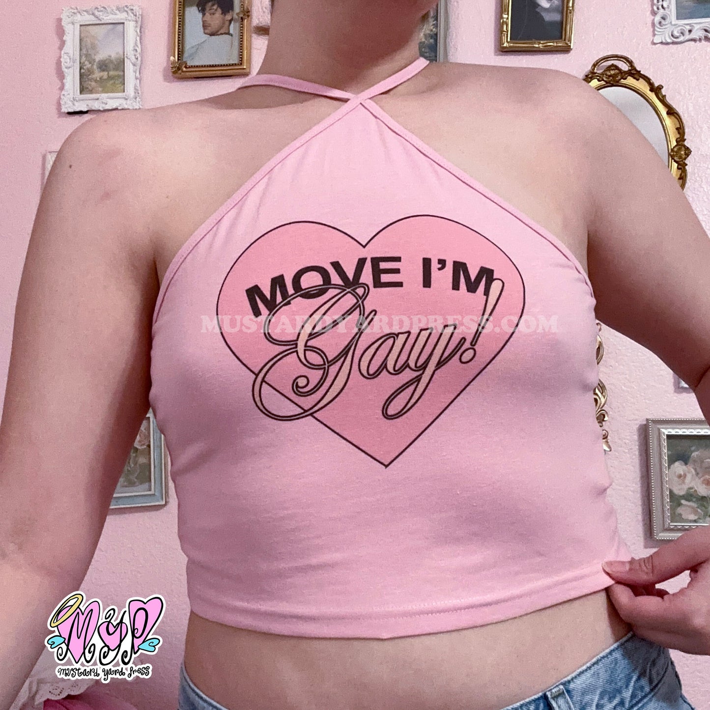 move i'm gay pink crop top