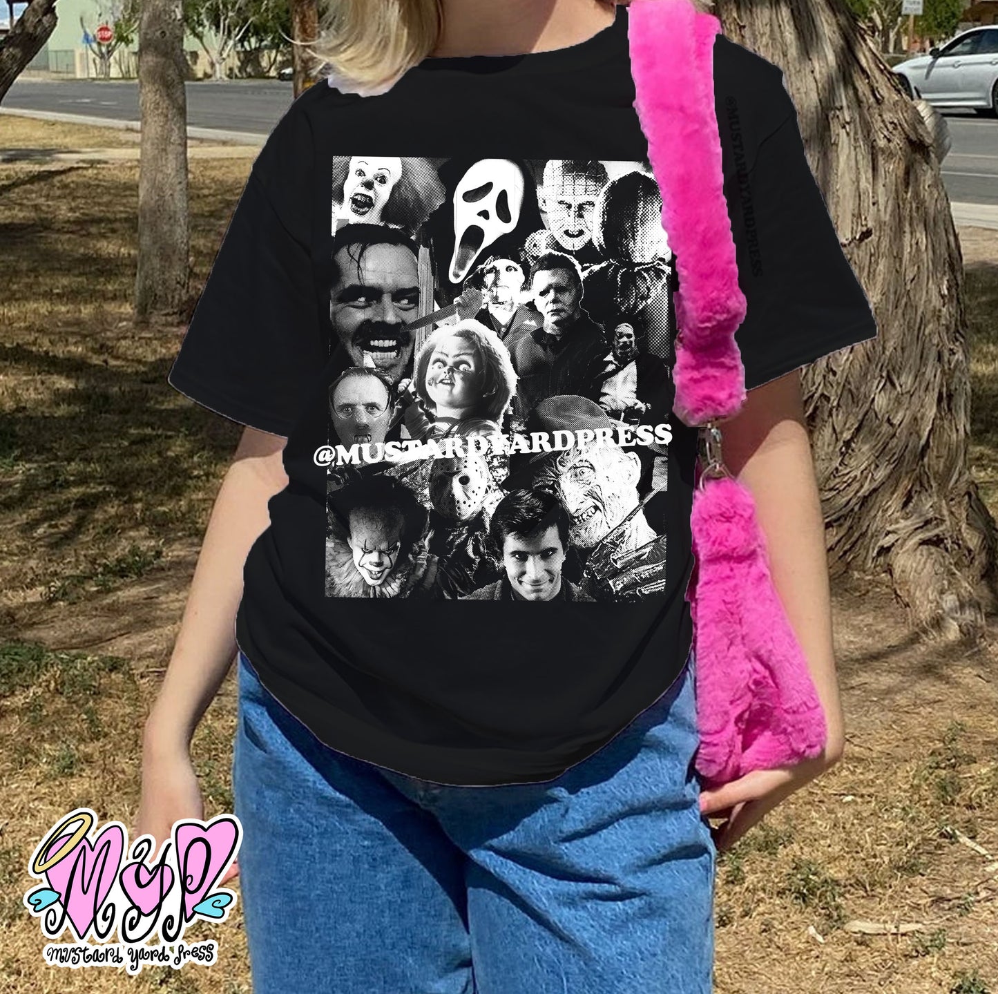 horror icons collage t-shirt